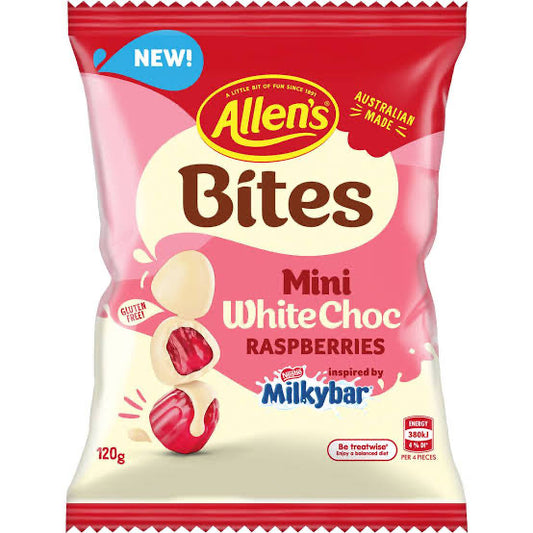 ALLEN'S X MILKY BAR Mini White Choc Raspberries - 120g (BOX OF 12)